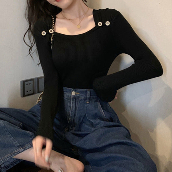 Women's Square Collar Long Sleeve Knitted Bottoming Shirt