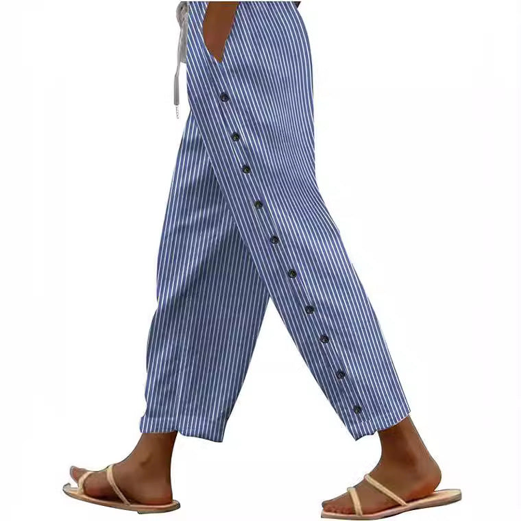 Women's Striped Side Button Fashion Loose Trousers