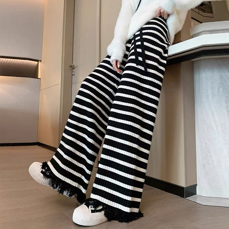 Women's Striped Tassel Knitted Wide-leg Pants Loose