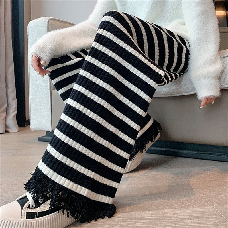 Women's Striped Tassel Knitted Wide-leg Pants Loose