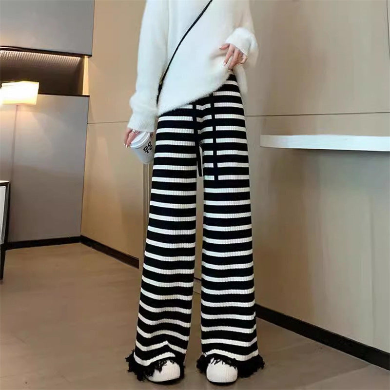 Women's Striped Tassel Knitted Wide-leg Pants Loose