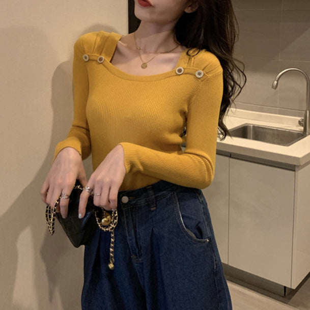 Women's Square Collar Long Sleeve Knitted Bottoming Shirt