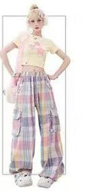 Women's Dopamine Wear Color Plaid Multi-pocket Straight-leg Pants