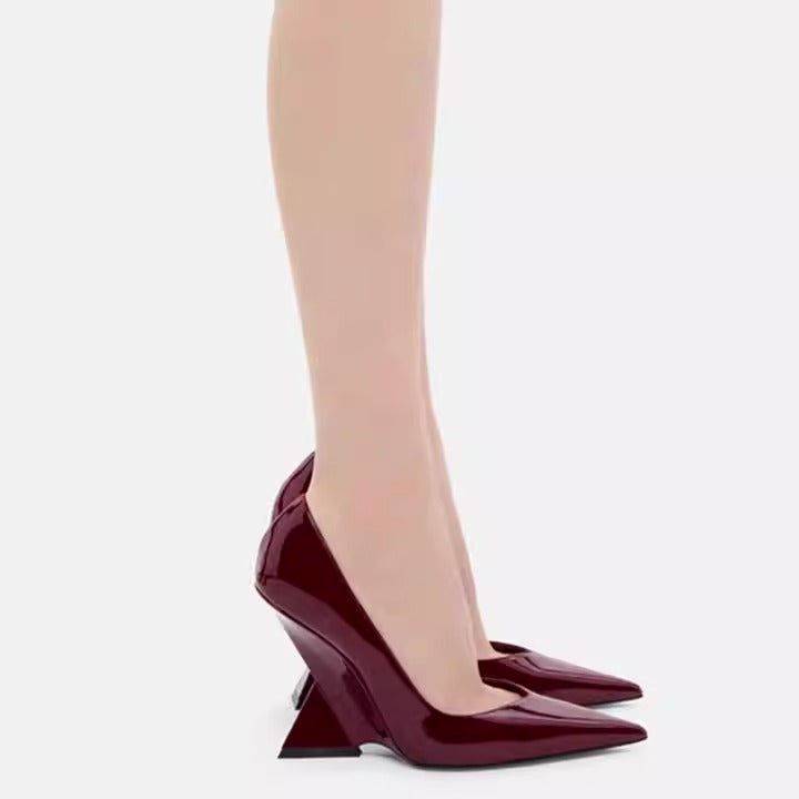 Ultra high heels, shallow mouth, pointed toe, patent leather wedge shoes, catwalk plus size shoes