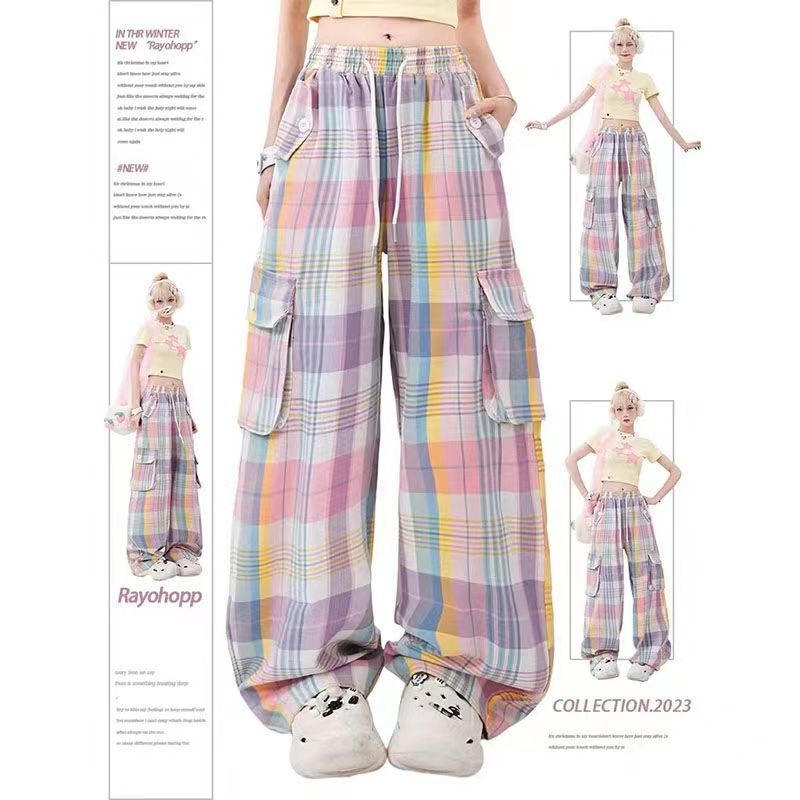 Women's Dopamine Wear Color Plaid Multi-pocket Straight-leg Pants