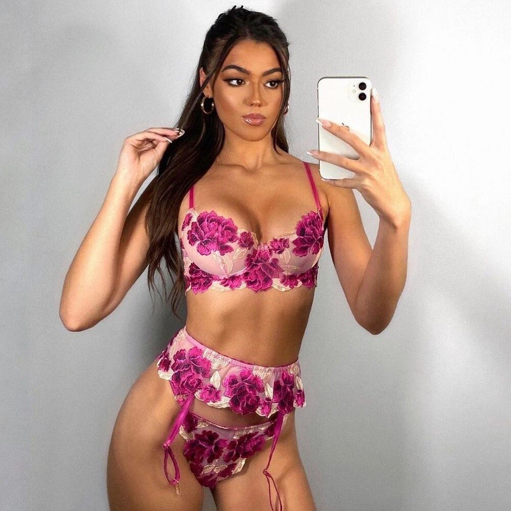 Underwear three-piece set embroidery big flower Mosaic fun underwear underwear garter belt bra and panty set lingerie set