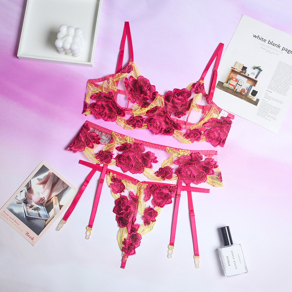 Underwear three-piece set embroidery big flower Mosaic fun underwear underwear garter belt bra and panty set lingerie set