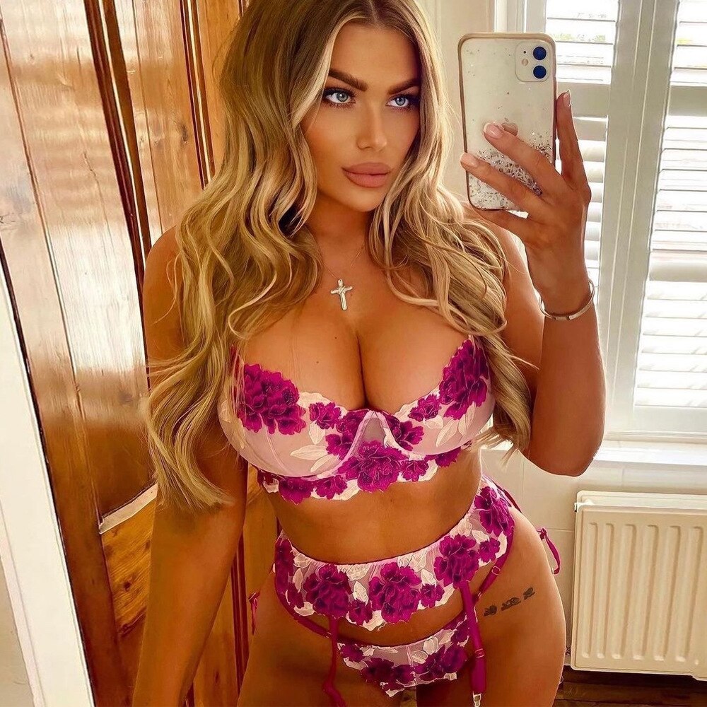 Underwear three-piece set embroidery big flower Mosaic fun underwear underwear garter belt bra and panty set lingerie set