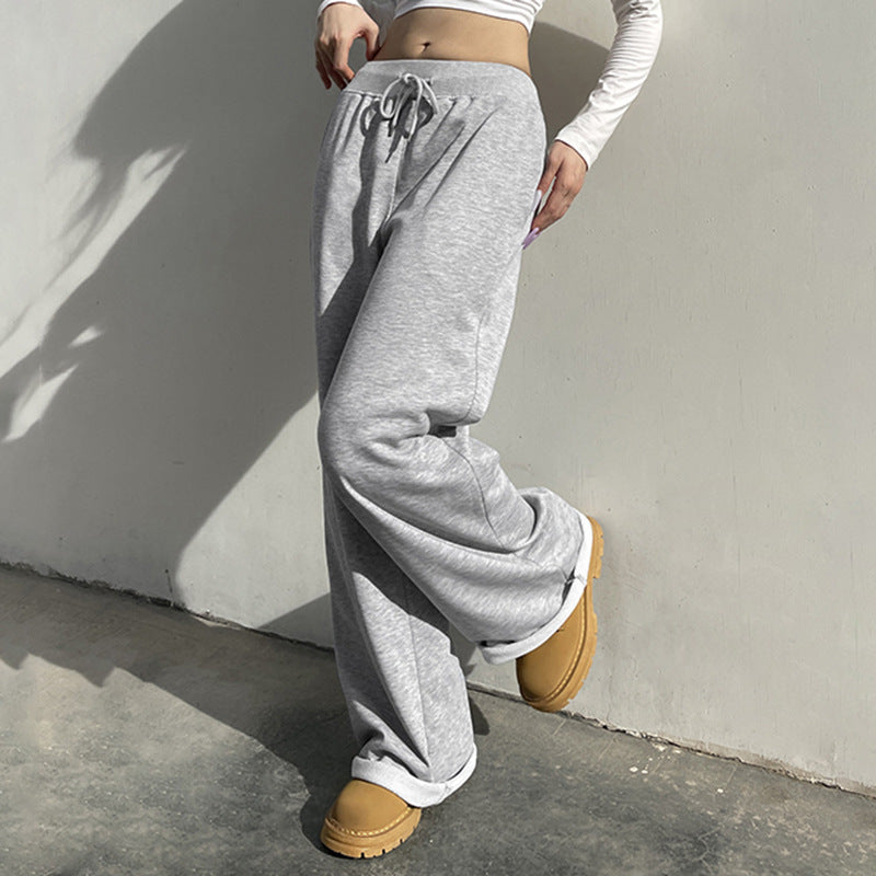 American Style Solid Color Elastic Lace Straight Sweater Pants