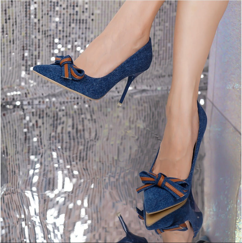Women's shoes with pointed denim fabric bow thin high heels shallow cut single shoes