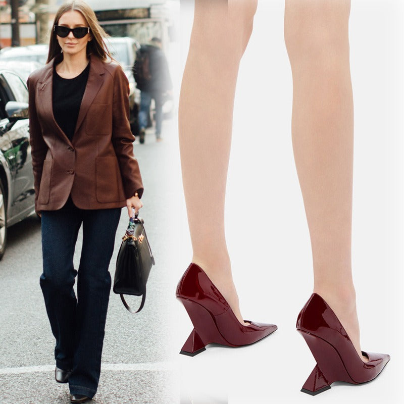 Ultra high heels, shallow mouth, pointed toe, patent leather wedge shoes, catwalk plus size shoes