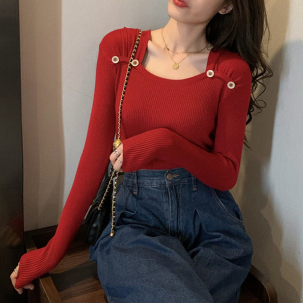 Women's Square Collar Long Sleeve Knitted Bottoming Shirt