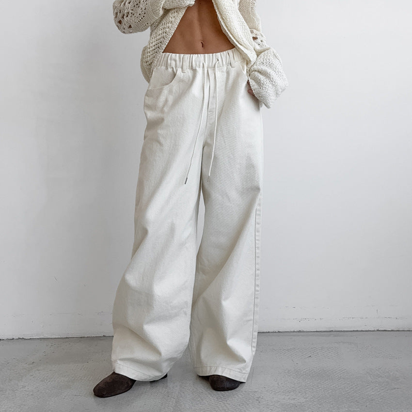 White Pure Cotton Tied Mid-waist Wide-leg Pants