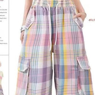 Women's Dopamine Wear Color Plaid Multi-pocket Straight-leg Pants