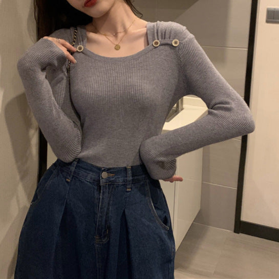 Women's Square Collar Long Sleeve Knitted Bottoming Shirt