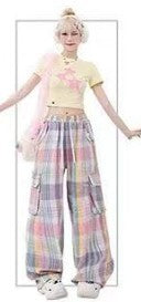 Women's Dopamine Wear Color Plaid Multi-pocket Straight-leg Pants