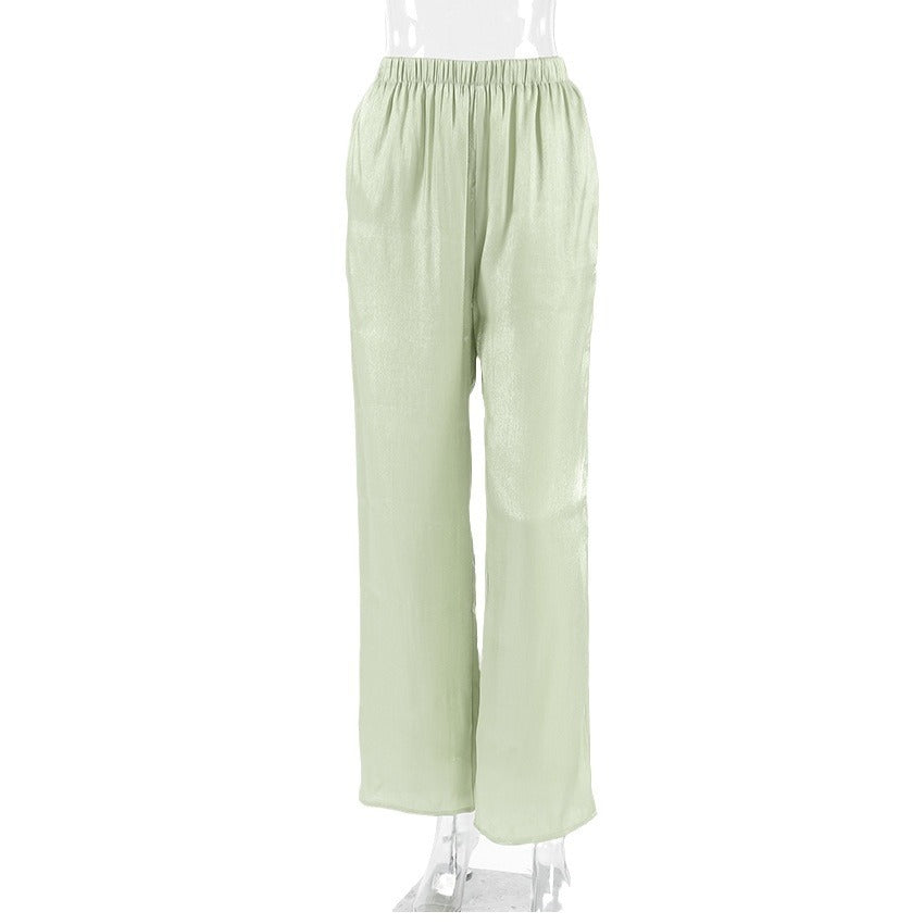 Women's Textured Gold And Silver Woven Casual Drooping Straight Pants