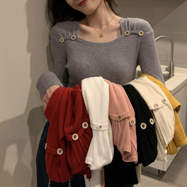 Women's Square Collar Long Sleeve Knitted Bottoming Shirt