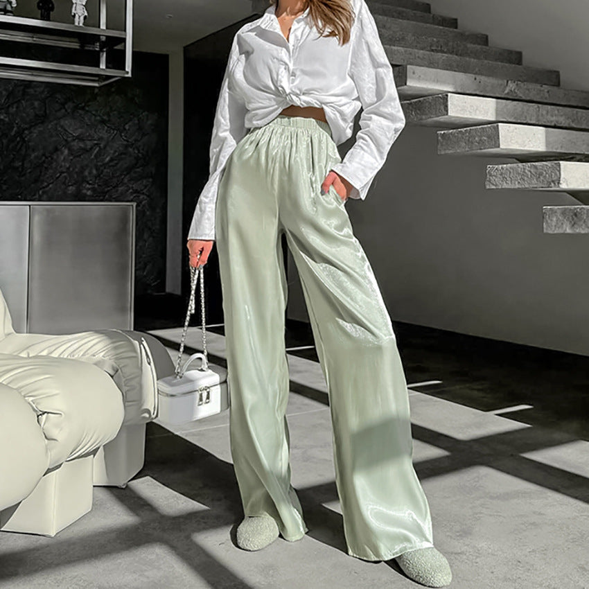 Women's Textured Gold And Silver Woven Casual Drooping Straight Pants