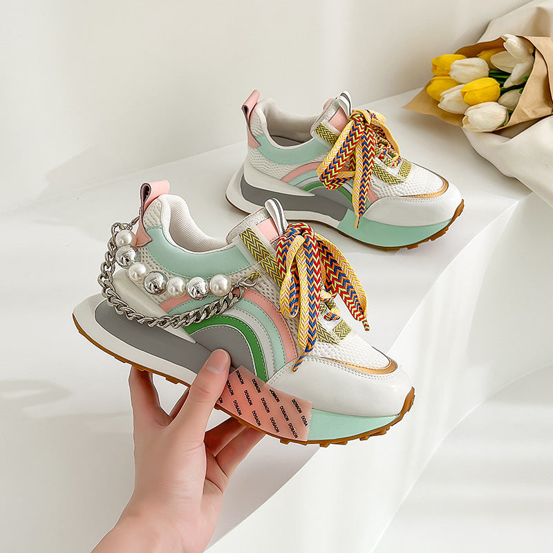 All-Match Leather Shoes Summer New Thick-Soled Sports Casual Shoes Women's Mesh Breathable Shoes