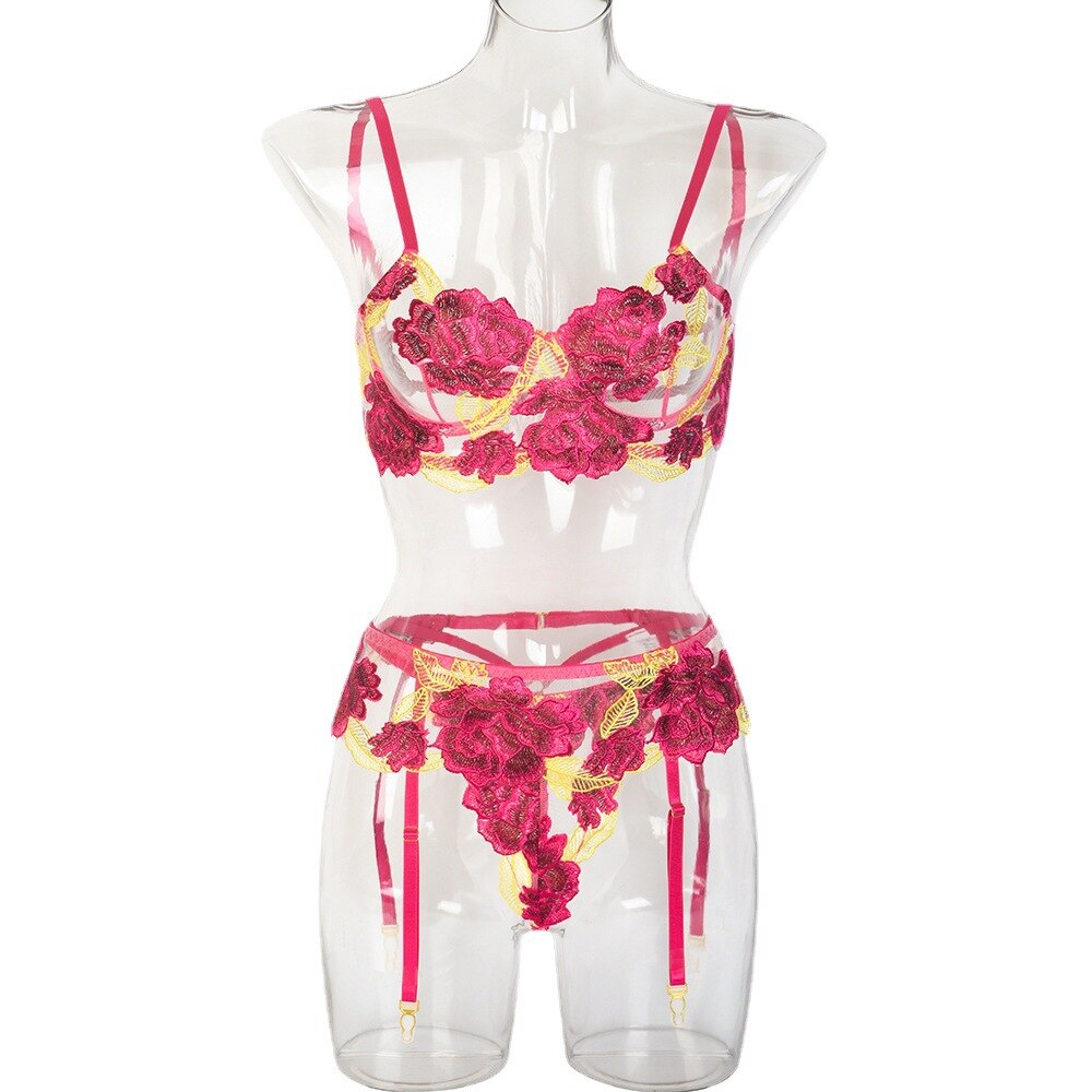 Underwear three-piece set embroidery big flower Mosaic fun underwear underwear garter belt bra and panty set  lingerie set