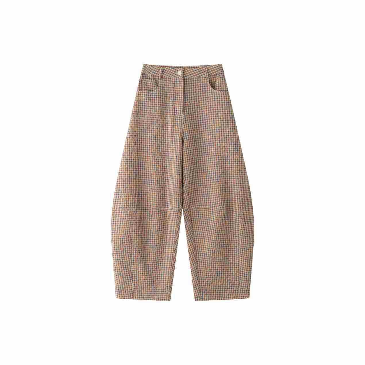 Women's Plaid Linen Curved Wide Leg Leisure Lightweight Breathable Trousers