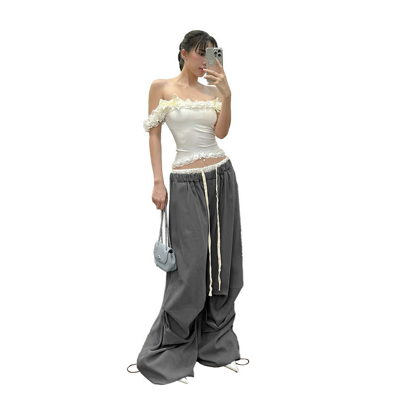 Women's Fashion Style Loose Casual Simple All-match Basic Color-contrasting Stripe Trousers