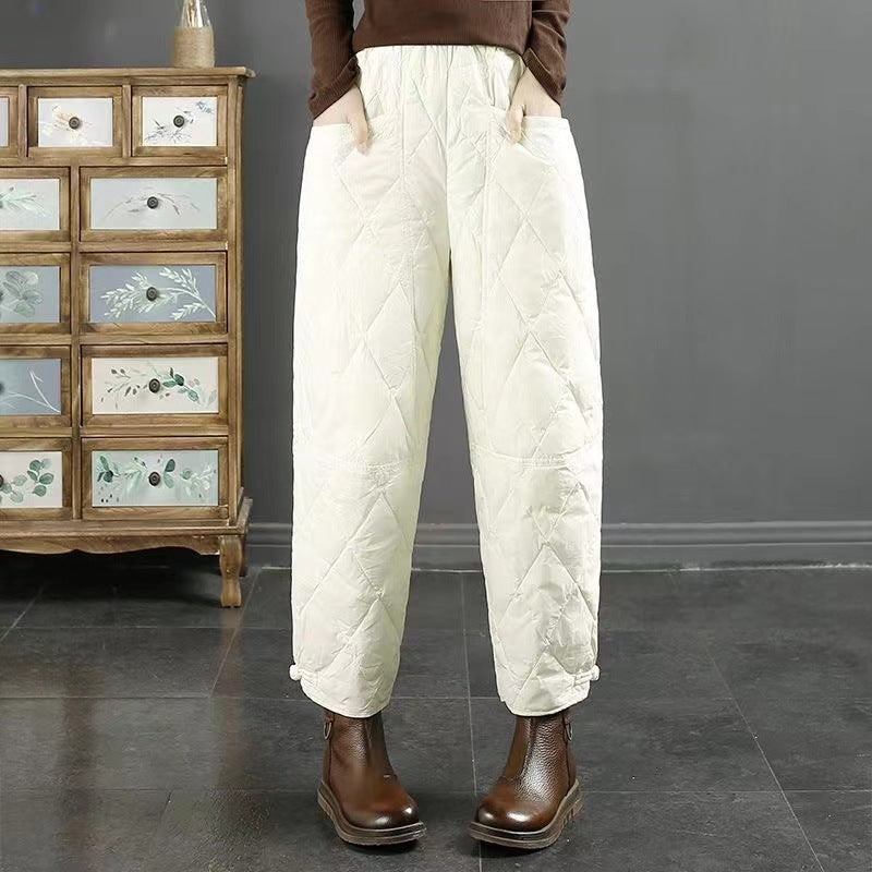 Women's Retro Artistic Solid Color Down Wadded Trousers Rhombic Pressure Wire Buckle Windproof Warm Casual Pants