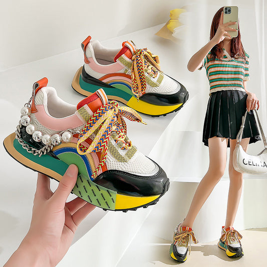 All-Match Leather Shoes Summer New Thick-Soled Sports Casual Shoes Women's Mesh Breathable Shoes