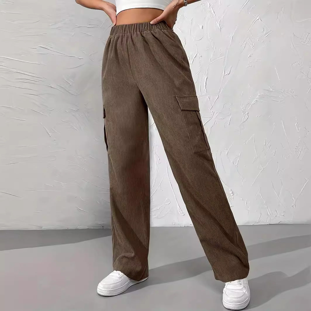 Women's Loose Elastic Waist Overalls Corduroy Wide Leg Straight Casual Trousers