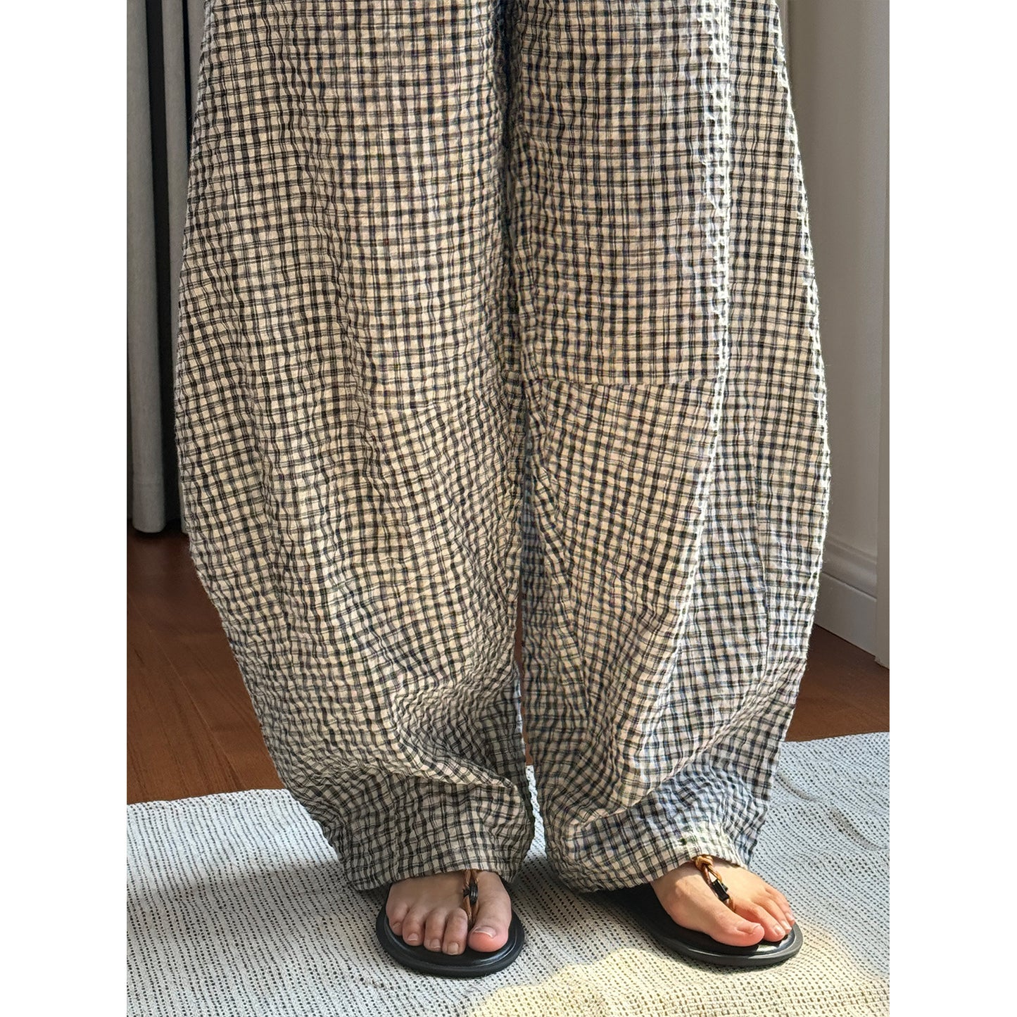 Women's Plaid Linen Curved Wide Leg Leisure Lightweight Breathable Trousers