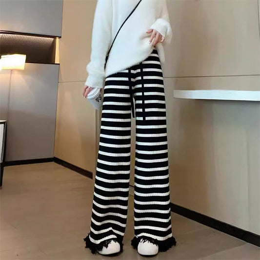 Women's Striped Tassel Knitted Wide-leg Pants Loose