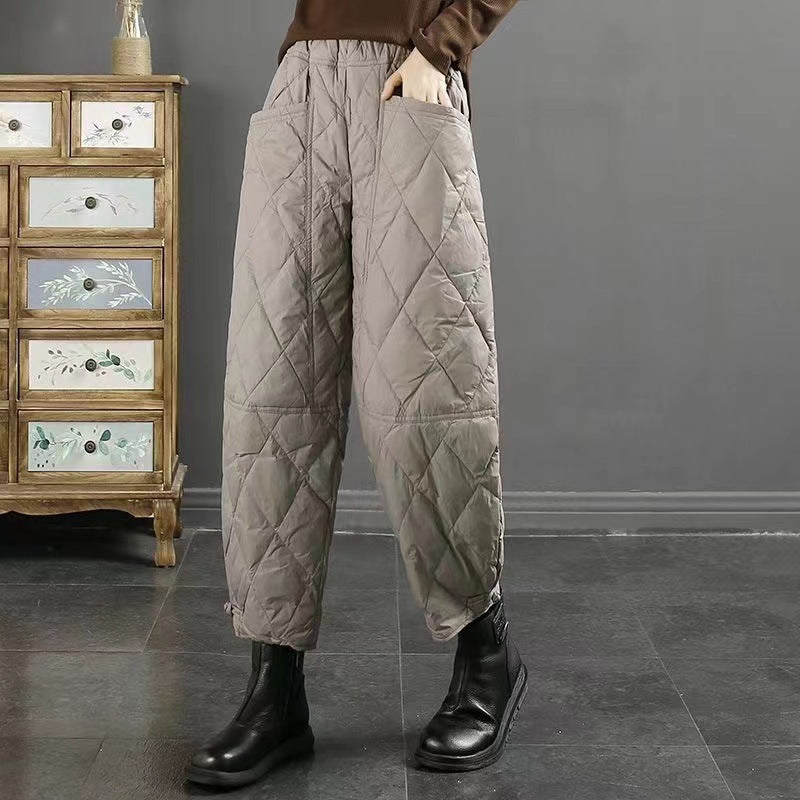 Women's Retro Artistic Solid Color Down Wadded Trousers Rhombic Pressure Wire Buckle Windproof Warm Casual Pants