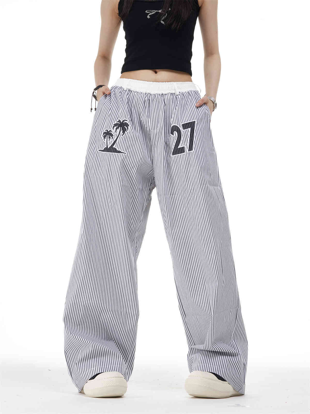 Vertical Stripes Embroidery Slimming Casual Pants Straight Wide Leg Pants