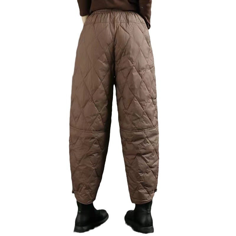 Women's Retro Artistic Solid Color Down Wadded Trousers Rhombic Pressure Wire Buckle Windproof Warm Casual Pants