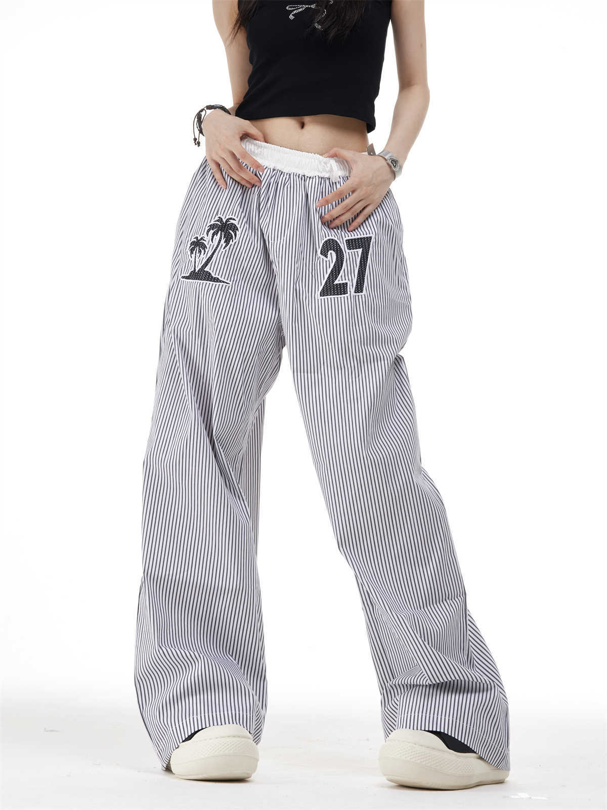 Vertical Stripes Embroidery Slimming Casual Pants Straight Wide Leg Pants