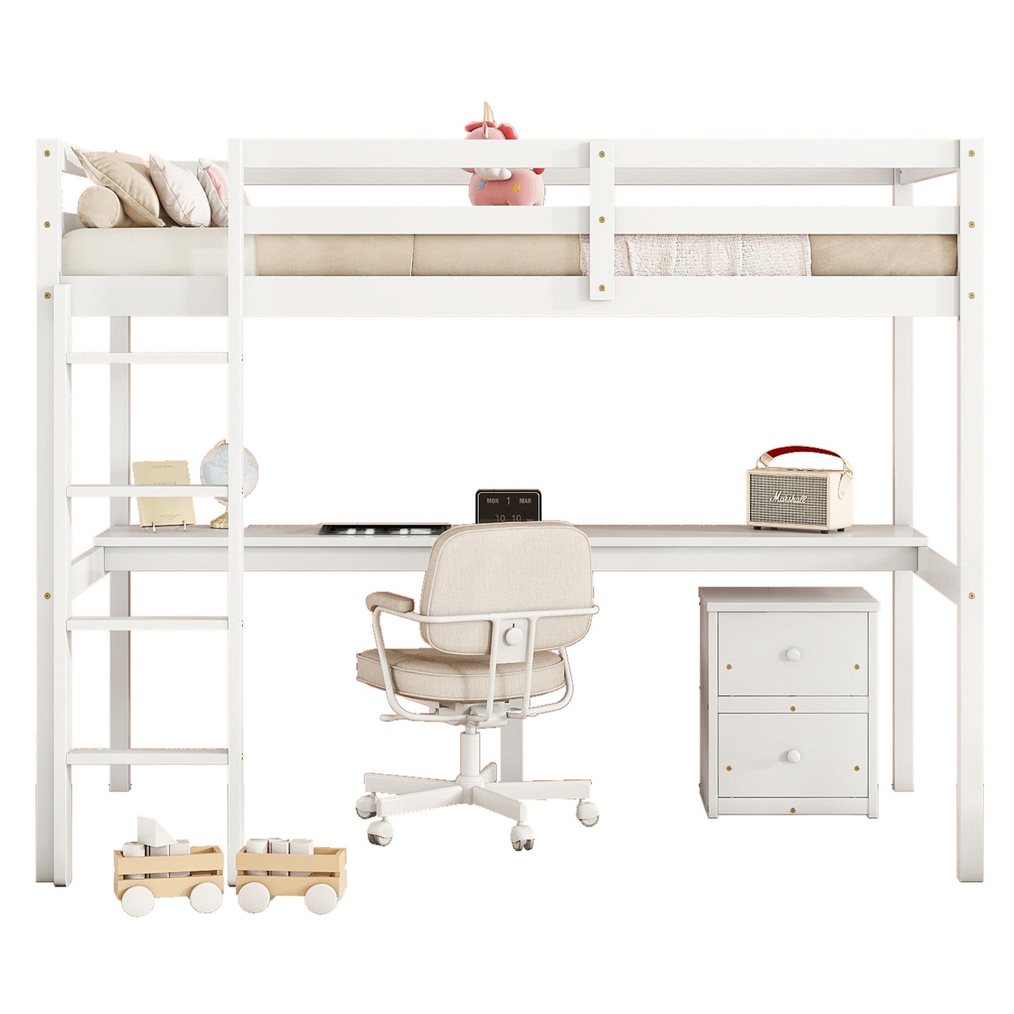 Twin Loft Wood Bed with Under-bed, Built-in Desk, a Storage Cabinet of 2 Drawers, Guardrails, Ladder,White