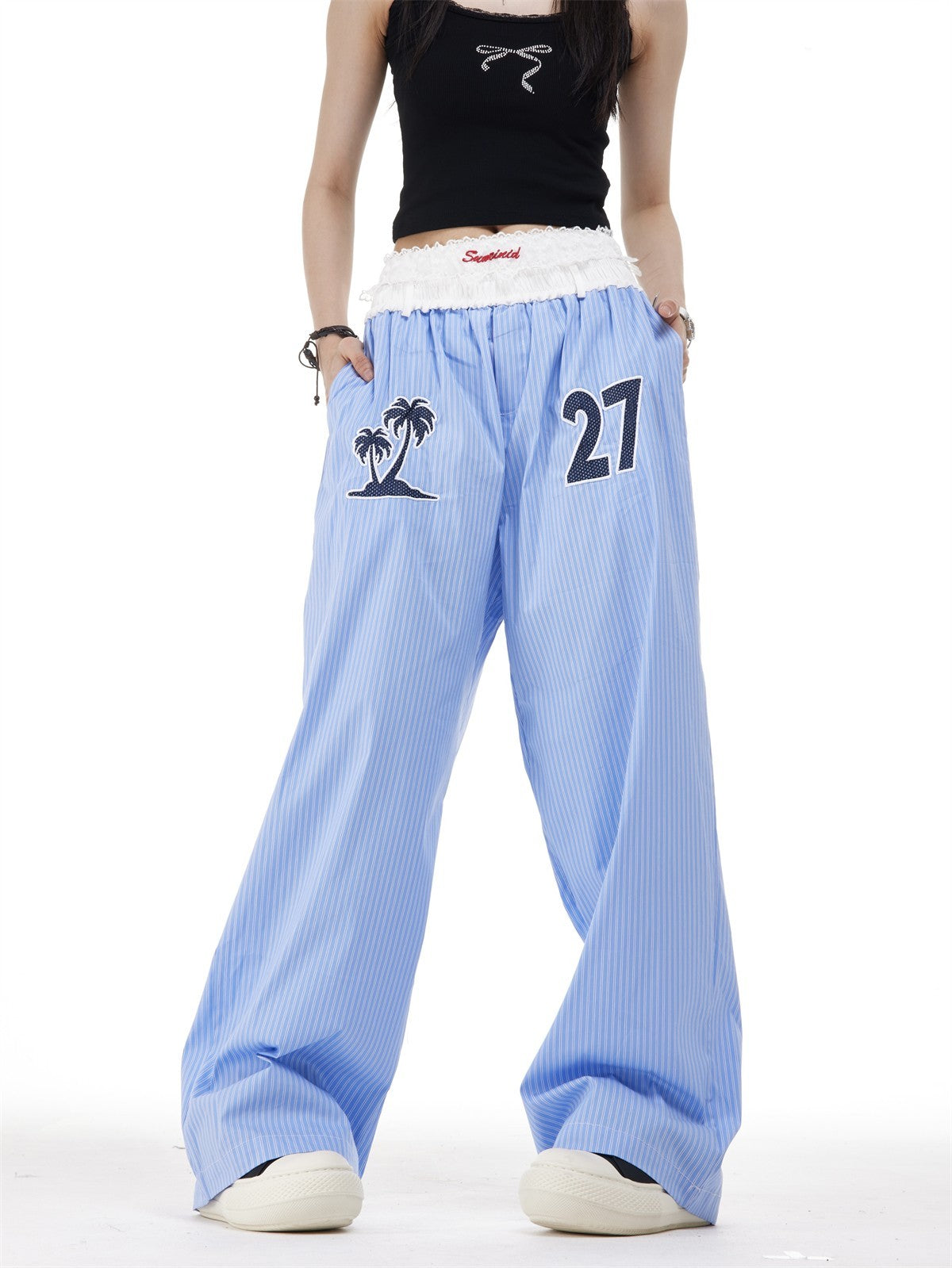 Vertical Stripes Embroidery Slimming Casual Pants Straight Wide Leg Pants