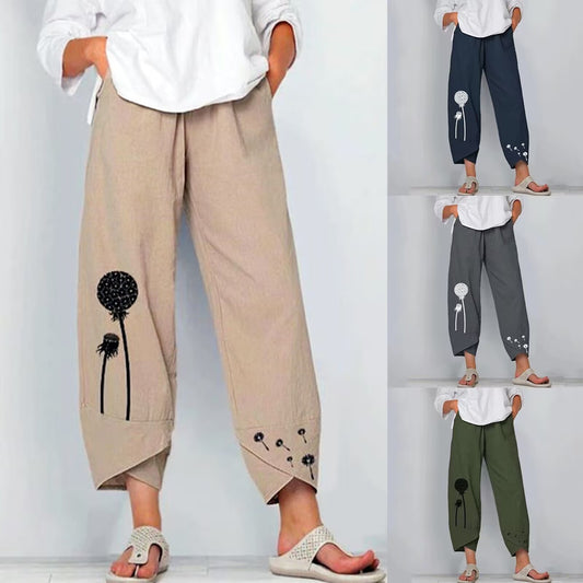 Women's Casual Printed Cotton And Linen High Waist Cropped Pants