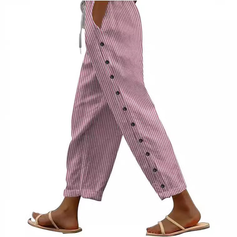 Women's Striped Side Button Fashion Loose Trousers