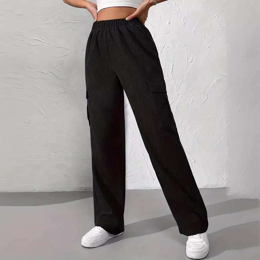 Women's Loose Elastic Waist Overalls Corduroy Wide Leg Straight Casual Trousers