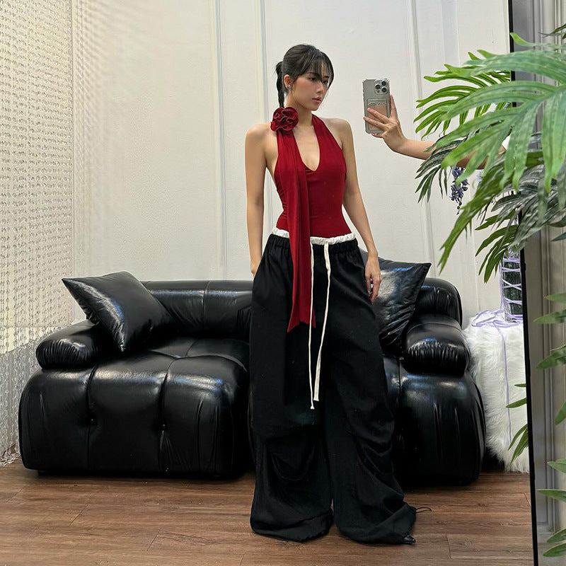 Women's Fashion Style Loose Casual Simple All-match Basic Color-contrasting Stripe Trousers