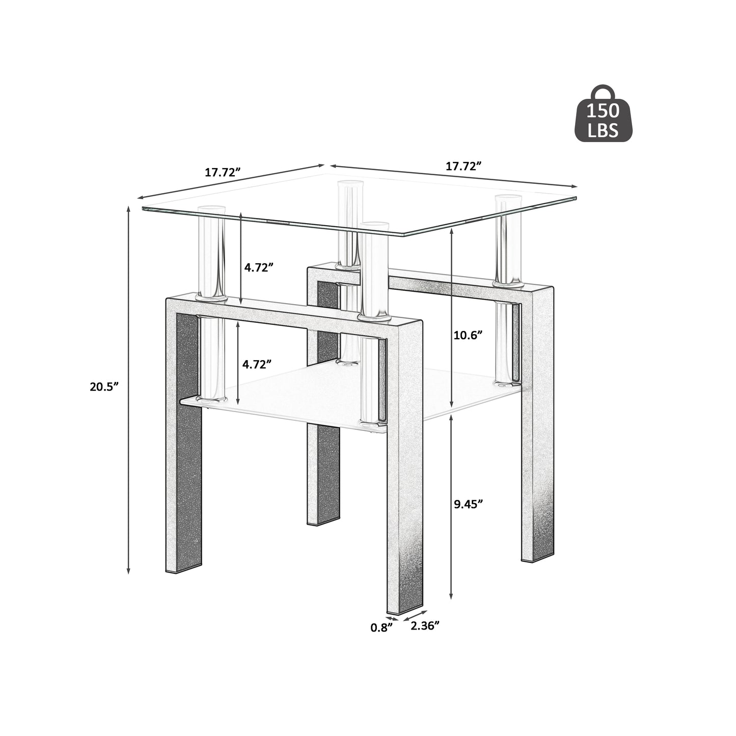 1-Piece Modern Tempered Glass Tea Table Coffee Table End Table, Square Table for Living Room, Transparent/Black