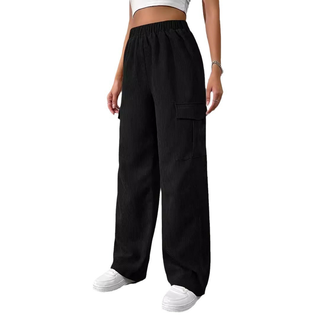 Women's Loose Elastic Waist Overalls Corduroy Wide Leg Straight Casual Trousers