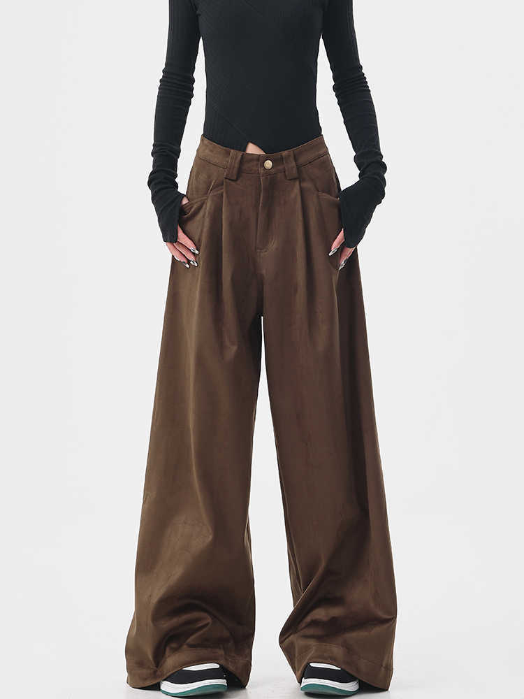 Women's Thickened Brown Casual Pants Retro Mop Wide Leg Pants