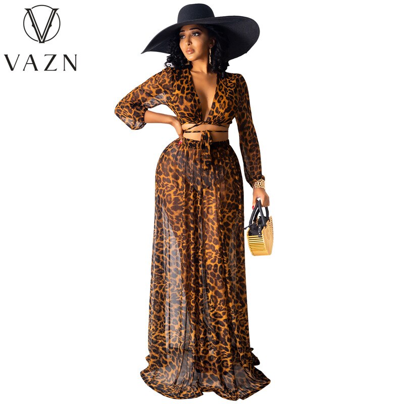 VAZN Spring and Summer European and American Women's Leopard Print Chiffon Print Skirt Set of 2 Pieces (Without Underwear)