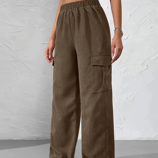 Women's Loose Elastic Waist Overalls Corduroy Wide Leg Straight Casual Trousers