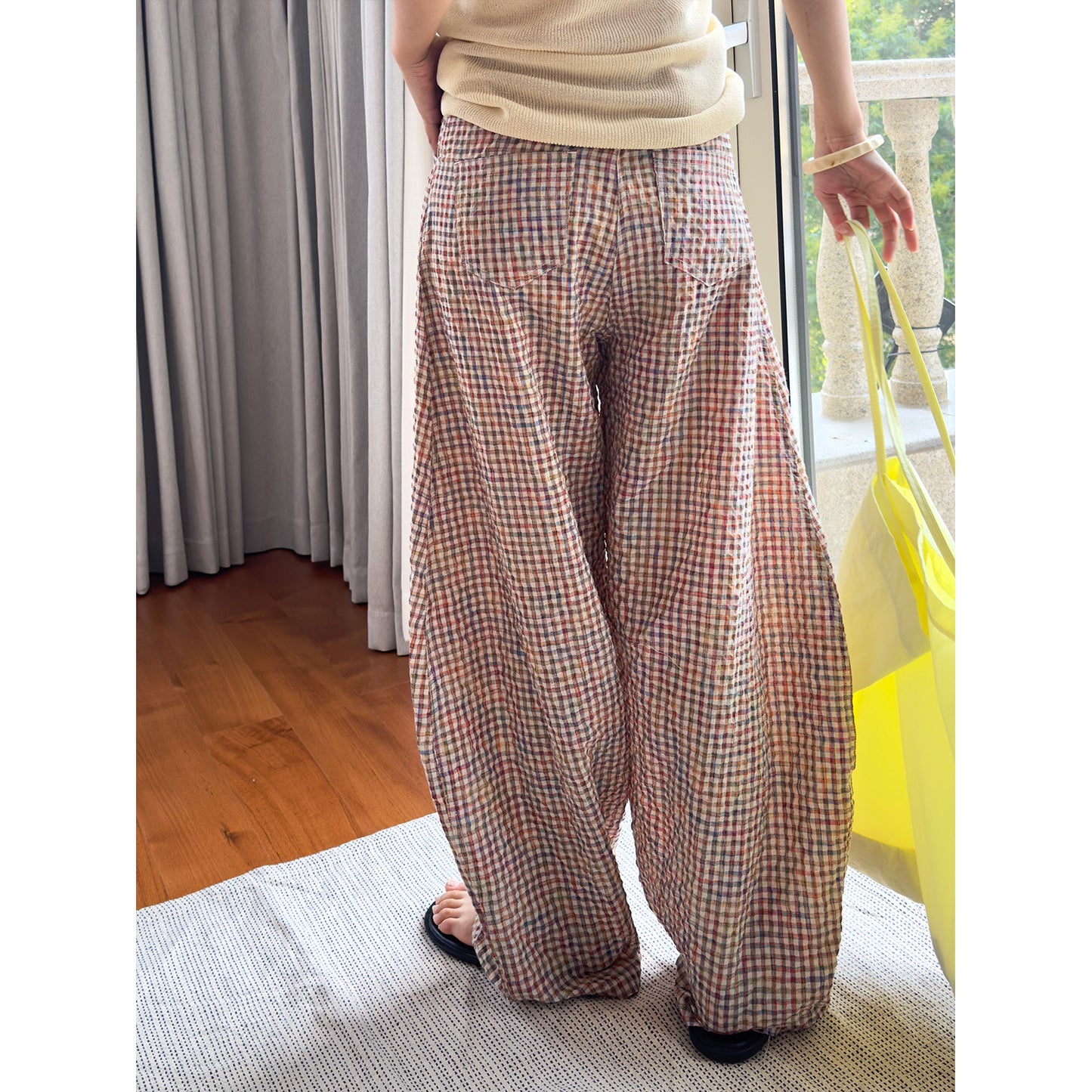 Women's Plaid Linen Curved Wide Leg Leisure Lightweight Breathable Trousers