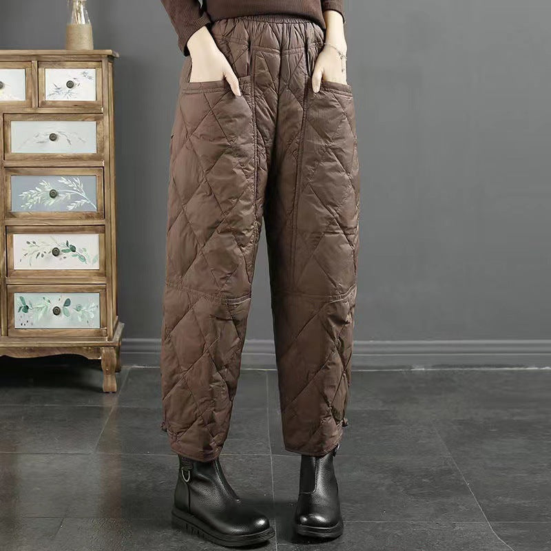 Women's Retro Artistic Solid Color Down Wadded Trousers Rhombic Pressure Wire Buckle Windproof Warm Casual Pants