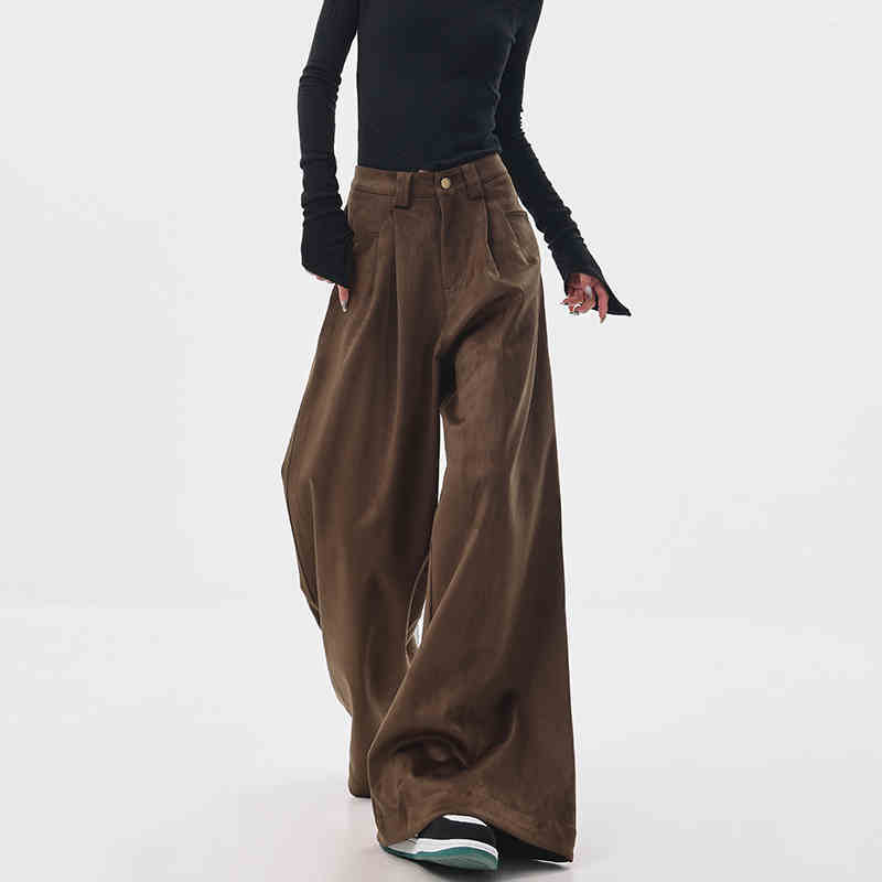 Women's Thickened Brown Casual Pants Retro Mop Wide Leg Pants
